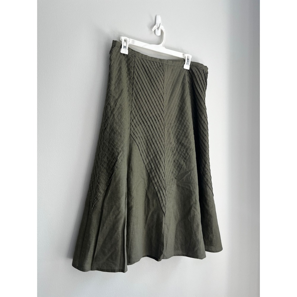Peter Martin Olive Green Linen Blend Chevron Pleated Midi Skirt Womens 14